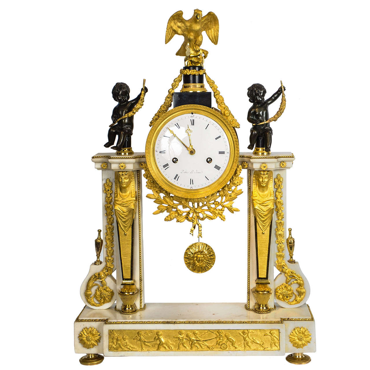 French Louis XVI Marble, Ormolu and Patinated Bronze Mantel Clock, circa 1780
